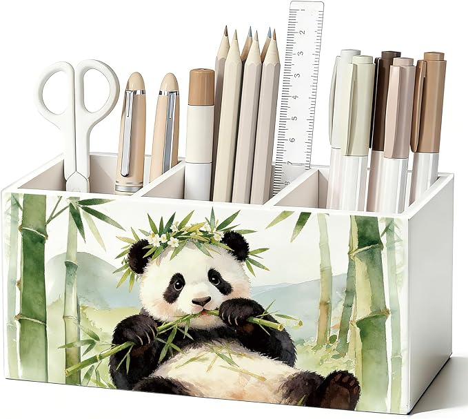Panda Pen Pencil Holder for Desk, Panda Gifts for Women Girls, Animal Lovers Gifts Wooden Box Sign Decorations for Kids Room Bedroom Home Office Desk Tabletop
