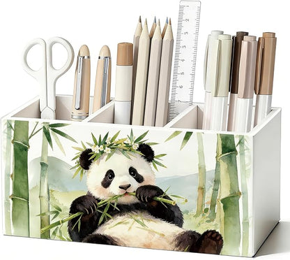 Panda Pen Pencil Holder for Desk, Panda Gifts for Women Girls, Animal Lovers Gifts Wooden Box Sign Decorations for Kids Room Bedroom Home Office Desk Tabletop