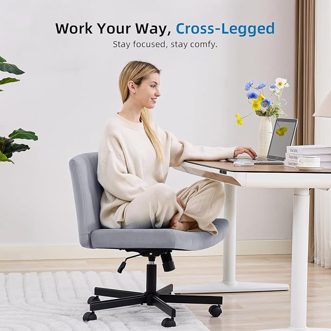 amseatec Criss Cross Chair, Wide Cross Legged Desk Chair with Wheels, Comfy Fabric Vanity Chair for Home Office, Adjustable Armless Swivel Task Chair with 90–115°Tilt（300Lbs/Gray）