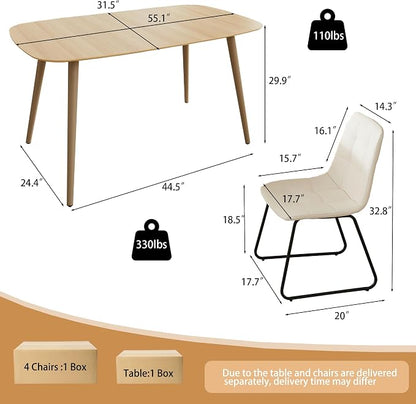 HIPIHOM 55'' Scratch Resistant Modern Wood Dining Table for 4 with Leather U-Shaped Chairs - Kitchen Dining Room Furniture (Easy to Assemble, Pet Friendly Surface, White Chair