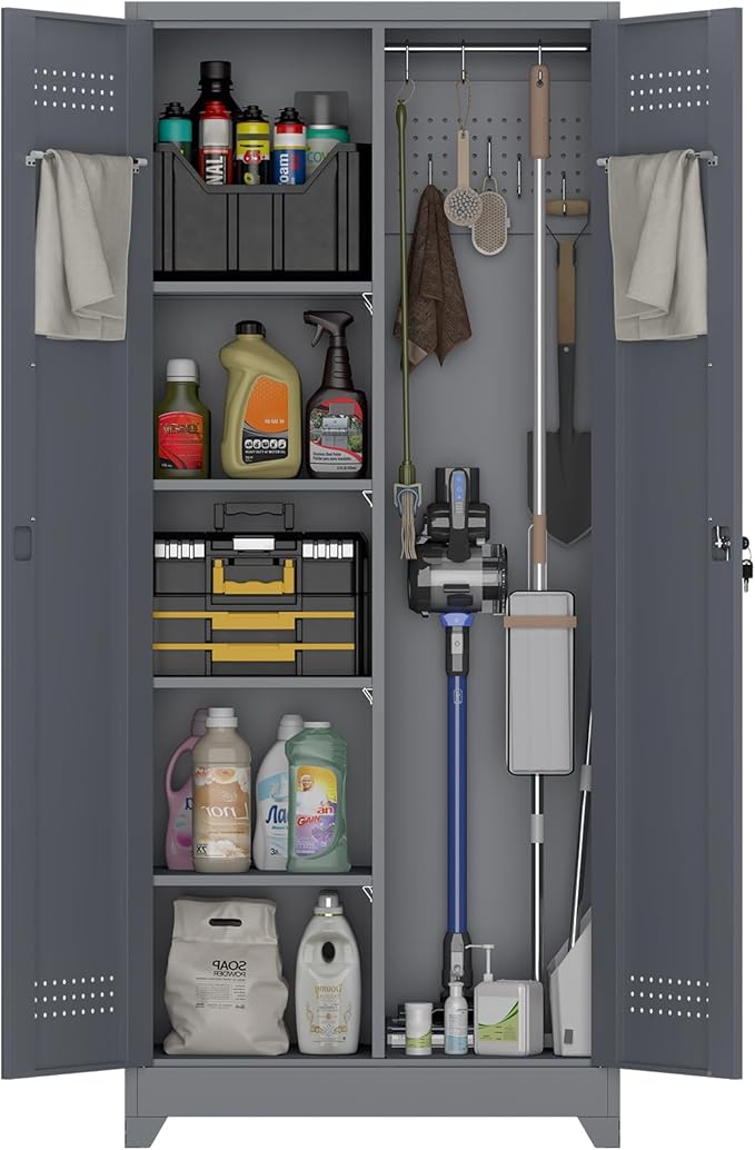 IRONFFICE Lockable Storage Cabinet,Metal Garage Storage Cabinets with Doors,Steel Utility Closet Cabinet with Adjustable Shelves,Locking Cabinet for Home,Garage,Gray