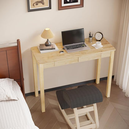 Solid Wood Desk with Drawers - 39 x 16 Inch Simple Narrow Desks, Rubber Wood Study Table, Small Writing Desk for Small Spaces|Bedroom - Natural Boho Desks