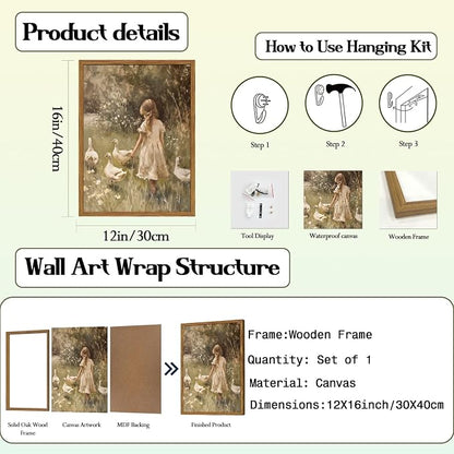 Framed Vintage Wall Art, Rustic Cute Girl with Duck Pictures Wall Decor, Farmhouse Cottagecore Paintings Country Nature Animal Canvas Prints for Living Room Bedroom Home 12x16 inch