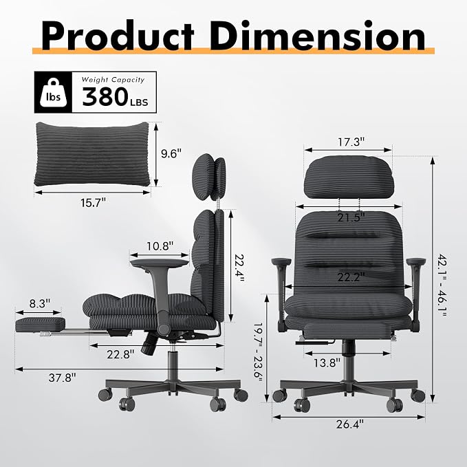 GXJ Criss Cross Legged Office Chair with Flip-up Arms, Footrest, G800 Plus | 6.3" Cushion Relieves Tailbone Pain, Head-Lumbar Support Eases Fatigue, Smooth Rolling Wheels, Corduroy Desk Seating, Black