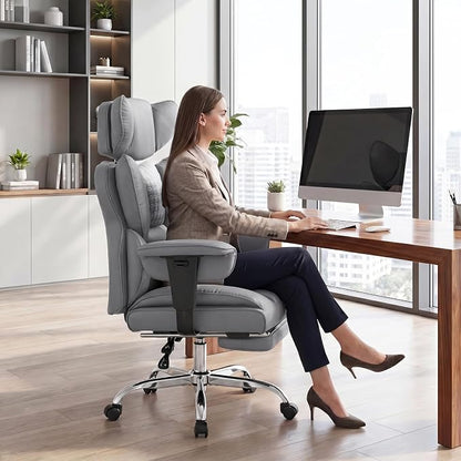 DUMOS Big and Tall Home Office Desk Chair, Ergonomic Executive Chair with Footrest, Computer Gaming Chairs with High Back Reclining, Adjustable Armrests and Comfy Lumbar Support, PU Leather, Grey