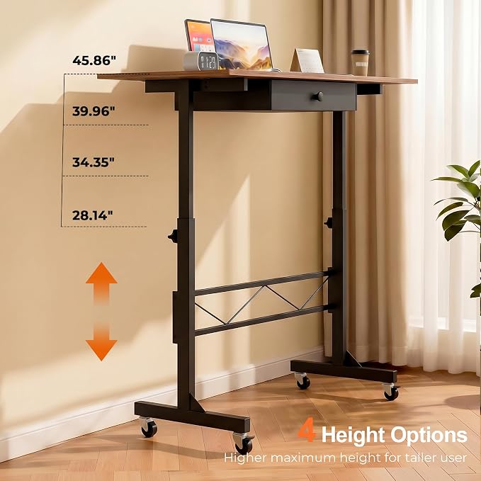 COMHOMA Small Standing Desk with Storage Drawer, Mobile Height Adjustable Rolling Sit Stand Desk with Lockable Wheels 4‑Level Portable Laptop Desk for Small Space Home Office Treadmill Workstation