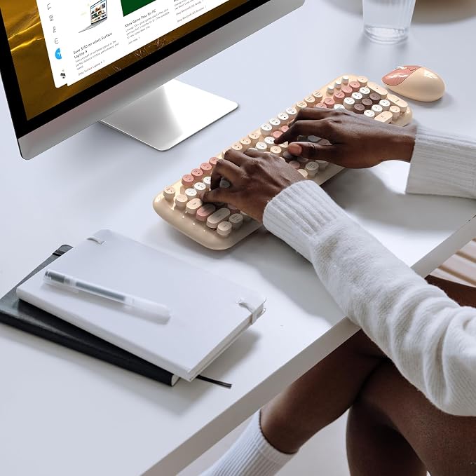 MOFII Wireless Keyboard and Mouse Combo, 2.4G Full-Size Retro Typewriter Computer Keyboard and 3 Level DPI Adjustable Wireless Mouse for Windows, Mac OS Desktop/Laptop/PC-Milk Tea Colorful