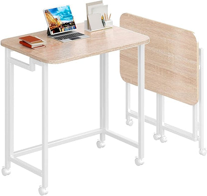 4NM 23.6" Mobile Small Rolling Computer Desk, Folding Laptop Cart Table with Wheels, Portable Office Desk for Small Space Couch Bed - Natural and White
