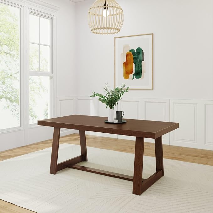 Plank+Beam 72 Inch Farmhouse Dining Table, Solid Wood Rustic Kitchen Table, Large Wooden Rectangular Dinner Table for Dining Room, Home Office, Living Room Furniture, Easy Assembly, Walnut Wirebrush