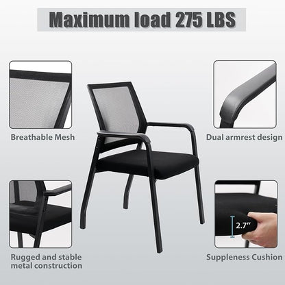 KLASIKA Desk Chair No Wheels, Arm Chair with Ergonomic Lumbar Support and Thickened Seats Cushion, Waiting Room Chairs for Office School Church Guest Reception, 2 Pack Black