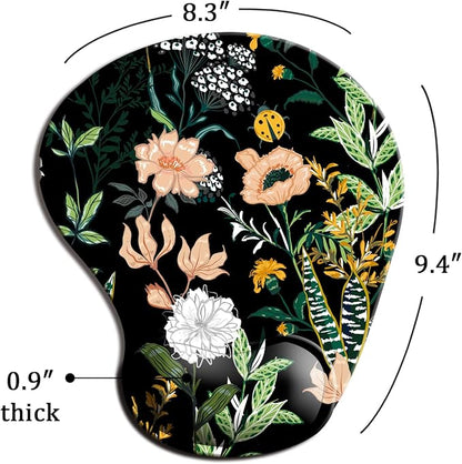 Dooke Ergonomic Mouse Pad with Wrist Support, Cute Mouse Pads with Non-Slip PU Base for Home Office Working Studying Easy Typing & Pain Relief Black Floral