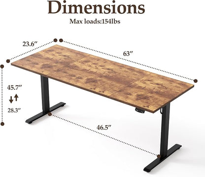 Klicelor 63 Inch Large Electric Standing Desk, Height Adjustable Office Desk, Sit Stand Up Computer Gaming Desk with Memory Preset, Three-Piece Desktop, Rustic Brown