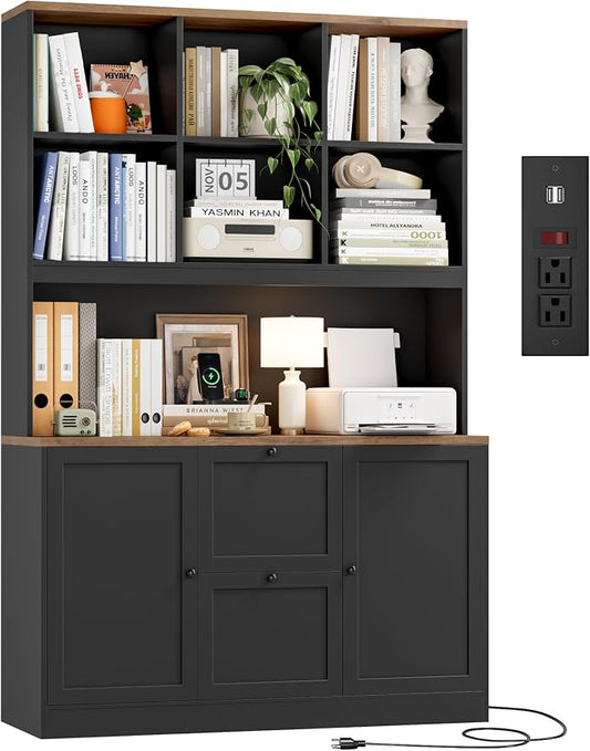 HIFIT 72'' Tall File Bookcase with Power Outlet & Printer Stand, 2 Drawer Filing Cabinets for Home Office Fit Hanging A4 File, Storage Cabinet w/ 3 Tier Open Book Shelf & Doors for Living Room, Black