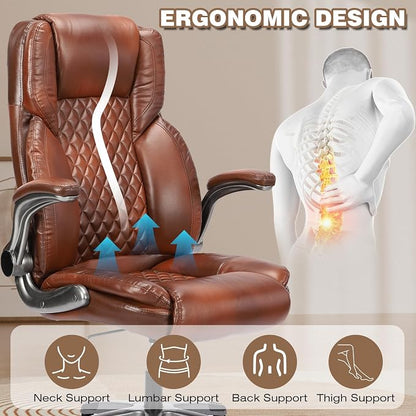 Brown Leather Office Chair with Flip up Arms, High Back Ergonomic Executive Office Chairs with Wheels, 90-120° Rocking Office Desk Chair with Lumbar Support, Swivel Task Chairs