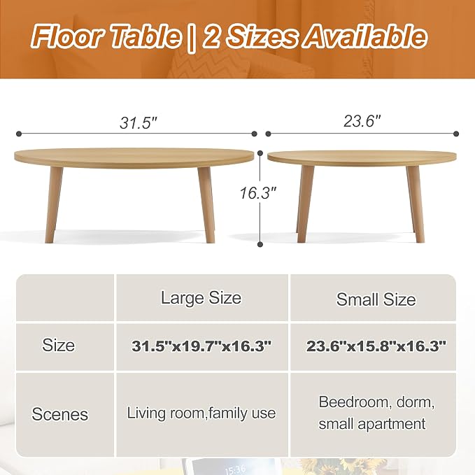 Coffee Table Low Table with Solid Wood Legs, 31.5x19.7 Large Coffee Table Side Table, Floor Table Desk for Sitting on The Floor, Living Room Furniture for Office Apartment Home, Pebble-Natural
