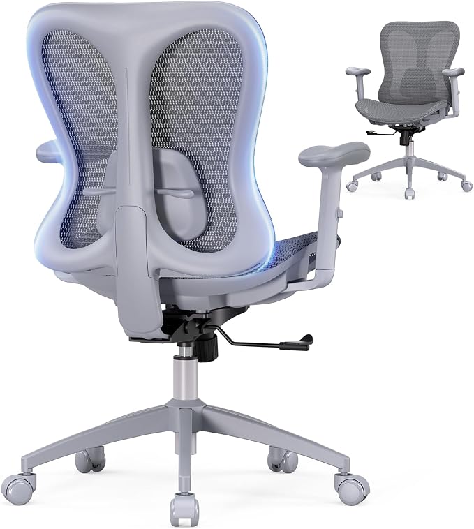 amseatec Ergonomic Office Desk Chair, Comfortable Computer Gaming Chair, Breathable Mesh Back & Seat, Adjustable Armrest, Lumbar Support, Butterfly Design for Home Office (Gray)