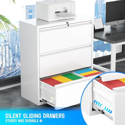 Greenvelly 3 Drawer Filing Cabinet, White Lateral File Cabinet with Lock, Lockable Metal File Cabinet for Home Office, Office File Cabinets for Legal/Letter/A4/F4 Size