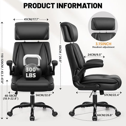 BestGlory Ergonomic Office Chair, PU Leather Executive Desk Chair with Adjustable Headrest, Flip-Up Arms and Lumbar Support, High Back Computer Chair for Home Office, Remote Work, Gaming, Black
