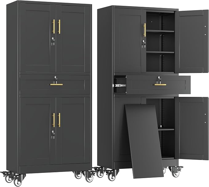 erosoei 75" H Metal Garage Storage Cabinet, Rolling Tool Cabinet with 2 Doors and Wheels, Locker Steel Cabinet with 4 Adjustable Shelves and Drawer, Organization Cabinet for Garage,Office,Home,Gym