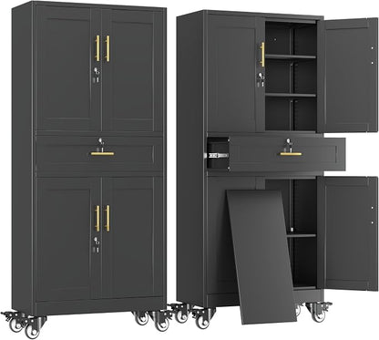 erosoei 75" H Metal Garage Storage Cabinet, Rolling Tool Cabinet with 2 Doors and Wheels, Locker Steel Cabinet with 4 Adjustable Shelves and Drawer, Organization Cabinet for Garage,Office,Home,Gym