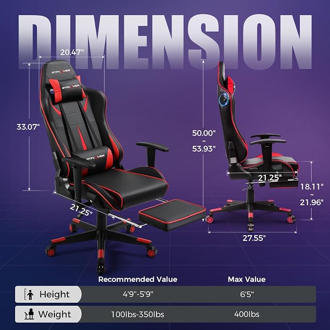 GTPLAYER Gaming Chair with Speakers, Video Game Chairs with Footrest for Adults, Ergonomic Computer PC Gamer Reclining Chair(Red)