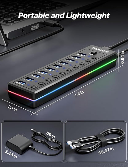 Powered USB Hub, 10-Port USB Splitter with RGB LED Strip | 5Gbps Data Transfer,Individual LED On/Off Switches and 12V/2A Power Adapter for Laptop, PC, Mouse, Keyboard, Hard Drive