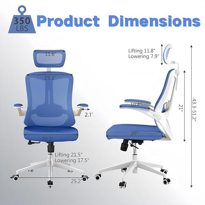 Ergonomic Office Chair - 350LB Comfy Desk Chairs with Adjustable Headrest and Lumbar Back Support, Mesh Computer Chairs with Wheels and Arms for Home Office, Study (Blue-with Headrest)