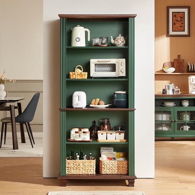 SAVOR LIFE 70" Tall Green Bookshelf,5 Tier Wooden Book Shelf with Adjustable Shelves & Wood Legs,Free Standing Farmhouse Bookcase with Open Display Storage,Vintage Bookshelves for Library,Classroom