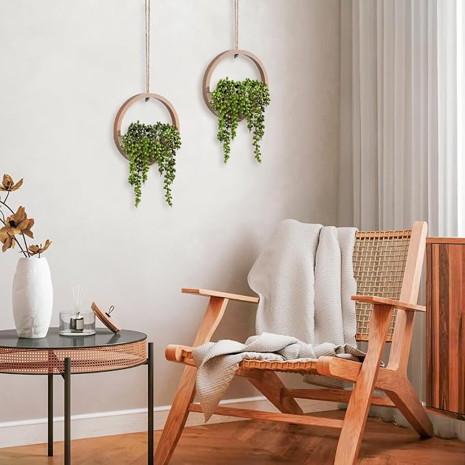 2 Pack Fake Plants Artificial Wall Hanging Plants, Boho Hanging Planter Fake Succulents Artificial String of Pearls in Wooden Pots with Lanyard for Home Office Wall Decoration