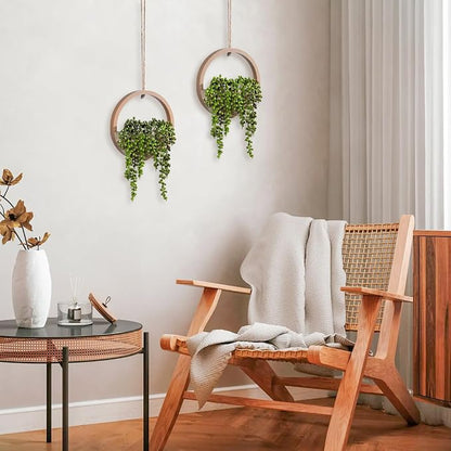 2 Pack Fake Plants Artificial Wall Hanging Plants, Boho Hanging Planter Fake Succulents Artificial String of Pearls in Wooden Pots with Lanyard for Home Office Wall Decoration