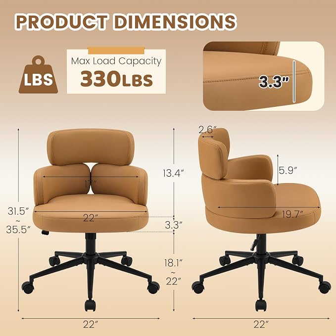 Leather Home Office Chair with Unique Curved Back, Wide Seat Computer Desk Chair with Wheels,Swivel Tilt & Height Adjustable,Matel Base for Home Office, PU Brown