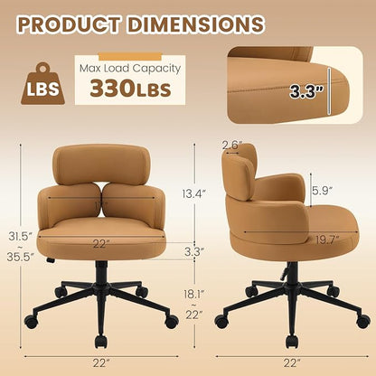 Leather Home Office Chair with Unique Curved Back, Wide Seat Computer Desk Chair with Wheels,Swivel Tilt & Height Adjustable,Matel Base for Home Office, PU Brown