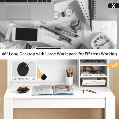 Giantex White Desk with Hutch, Home Office Desk with Bookshelf, Computer Workstation PC Laptop Table with Anti-Toppling Device & Cable Hole, Modern Study Writing Desk for Small Spaces, Bedroom