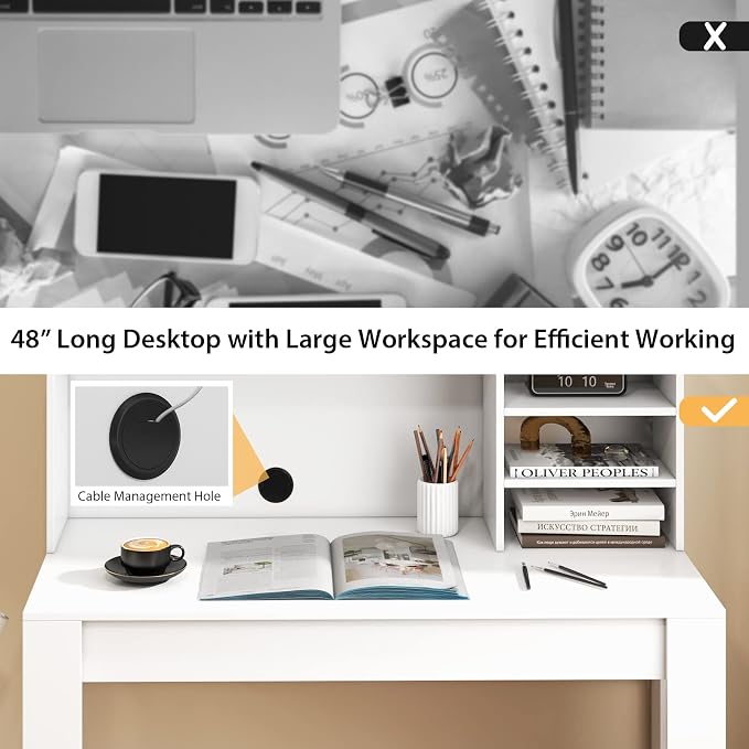 GOFLAME Computer Desk with Hutch, Wooden Writing Desk with Anti-Toppling Device, Cable Management Hole, Modern Home Office Workstation PC Laptop Table for Small Space, White