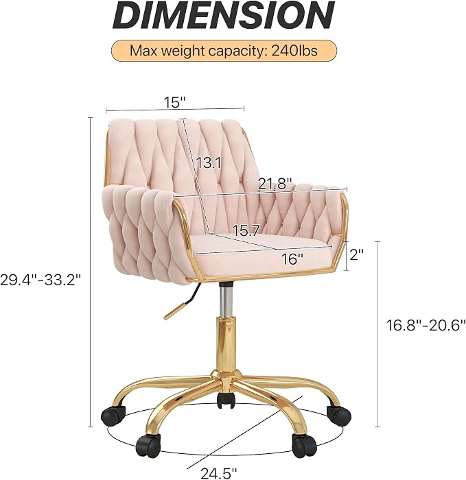 Velvet Home Office Chair, Modern Height Adjustable Cute Vanity Chair, 360° Swivel Makeup Chair with Golden Base and Hand Woven Backrest for for Bedroom/Study/Vanity(Light Pink)