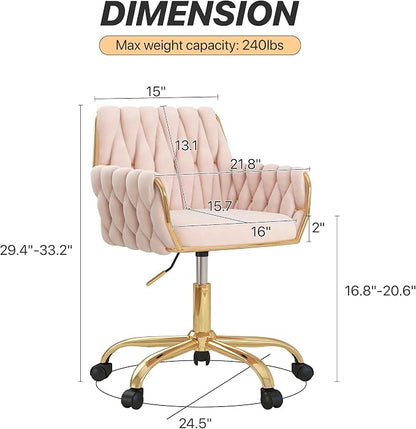 Velvet Home Office Chair, Modern Height Adjustable Cute Vanity Chair, 360° Swivel Makeup Chair with Golden Base and Hand Woven Backrest for for Bedroom/Study/Vanity(Light Pink)