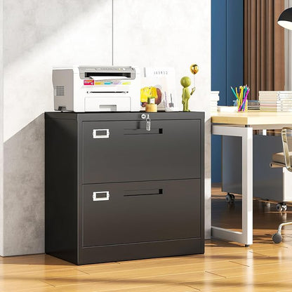 Metal Lateral 2 Drawer File Cabinet with Lock, Wide Filing Cabinet for Letter/Legal/F4/A4 Hanging Files, Storage Cabinet for Home Office School, Black