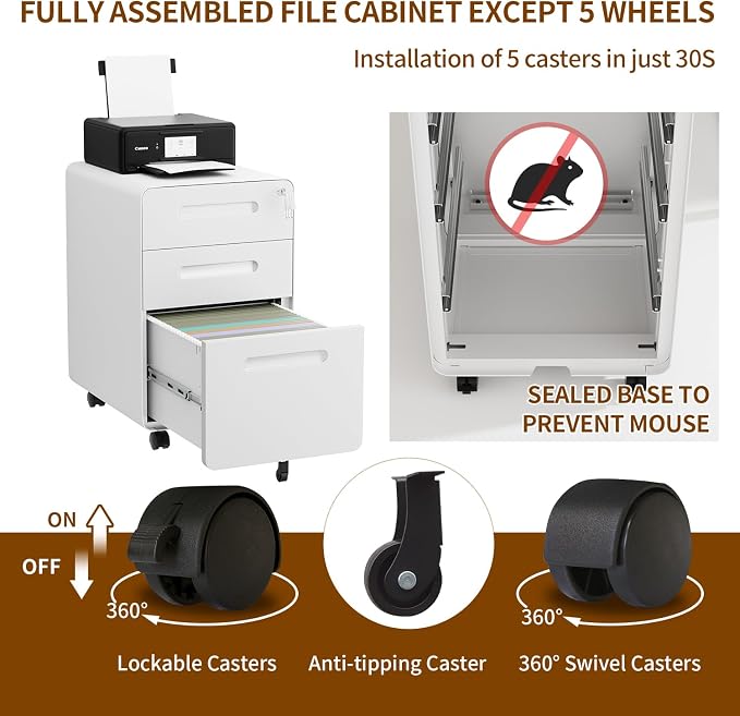 3 Drawer Mobile File Cabinet with Lock and 4 Keys, Small Vertical Metal Rolling Filing Cabinet Under Desk for Home Office Organizer Letters/Legal/A4 Hanging File Folders