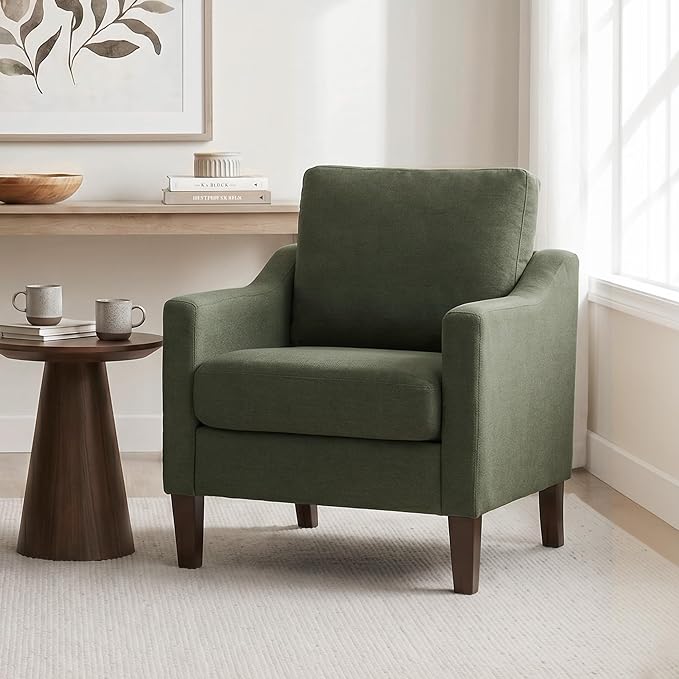 VKNOW Mid-Century Accent Chairs Set of 2, No Tools Assembly Required, Modern Upholstered Polyester Armchairs for Living Room & Bedroom, Comfortable Reading Chairs with Wood Legs, Green
