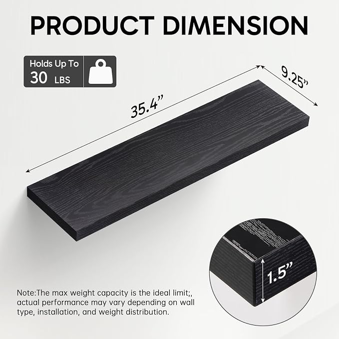 BAYKA Floating Shelves for Wall, 35.4 inches Long Wall Mounted Rustic Wood Shelves for Bathroom, Bedroom, Living Room, Kitchen, Office, Hanging Shelf for Books/Storage/Decor(Black,Set of 2)