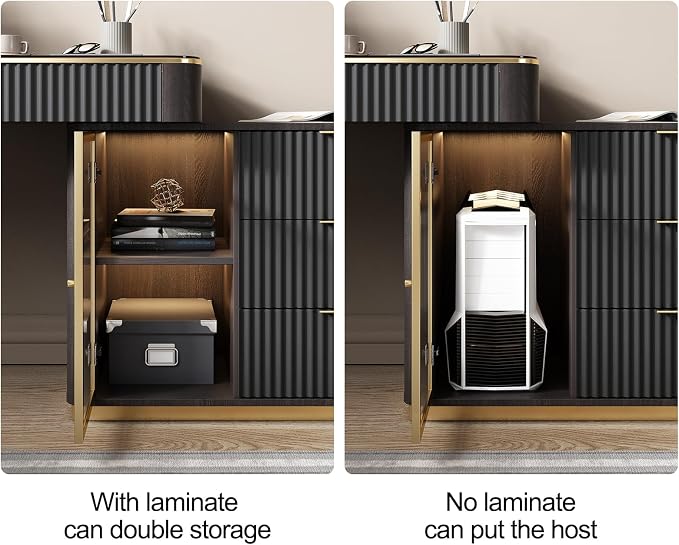 Lartis Office Desk, Very Easy to Assemble, Computer Desk, Home Telescopic Writing Desk, Modern Computer Desk with Retractable Cabinet Built-in LED Lights (Black Brown, 50 in)
