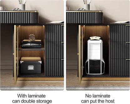 Lartis Office Desk, Very Easy to Assemble, Computer Desk, Home Telescopic Writing Desk, Modern Computer Desk with Retractable Cabinet Built-in LED Lights (Black Brown, 50 in)