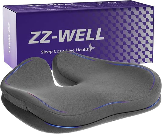 ZZ-WELL Seat Cushions for Office Chairs, Patented Pressure Relief Coccyx Cushion for Tailbone Pain, Memory Foam Butt Pillows for Wheelchair Car Sitting, Carrying Handle, Non-Slip (Grey, Large)