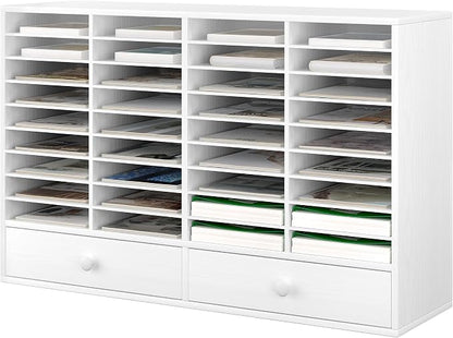 TQAVI Wood Classroom Mailbox 36 Compartments with 2 Drawer, Large Paper Organizer with Adjustable Shelves to Sorting Literature Bill, A4 Size File Organizer for Office School Home, White