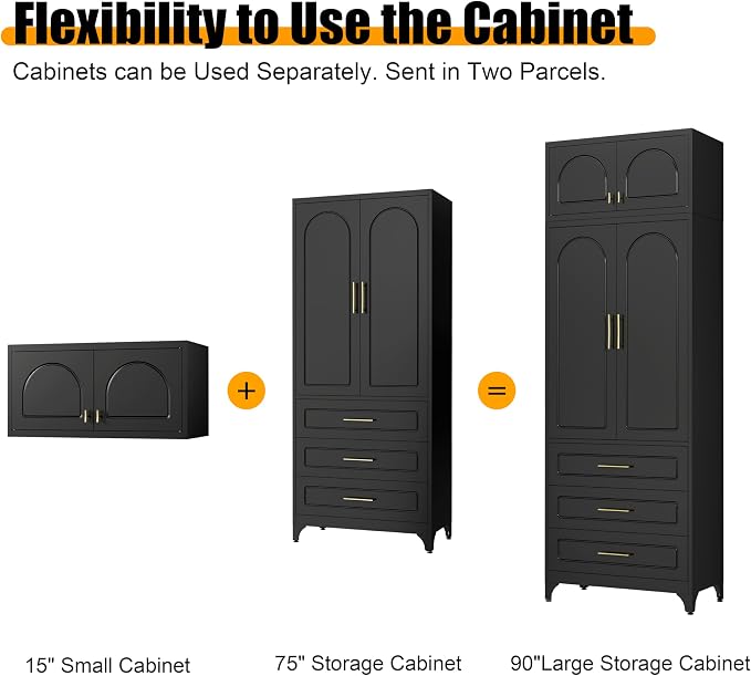 Metal Storage Cabinet with Doors and Shelves, 90" Tall Kitchen Pantry Storage Cabinets with 3 Drawer, Black Pantry Closet, Steel Large Cupboard, High Leveling Feet- Assembly Required
