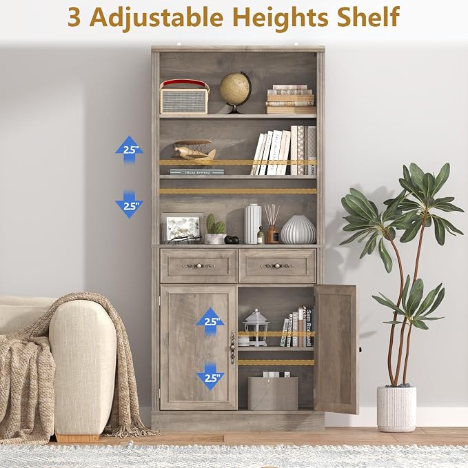 Thacuok 72'' Tall Bookcase with Doors and Drawers, Adjustable Shelves, P2 MDF Construction, 32'' Wide Freestanding Cabinet with Metal Handles, Hidden Storage for Living Room, Bedroom