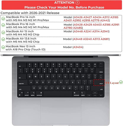 EooCoo Premium Keyboard Cover Skin Protector, Laptop Accessories Compatible with 2026 2025 2024 2023 2022 2021 M5-M1 Pro/Max MacBook Pro 14/16, M5-M2 MacBook Air 13/15, 2026 MacBook Neo 13, Clear