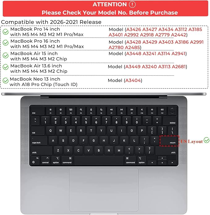 EooCoo Premium Keyboard Cover Skin Protector, Laptop Accessories Compatible with 2026 2025 2024 2023 2022 2021 M5-M1 Pro/Max MacBook Pro 14/16, M5-M2 MacBook Air 13/15, 2026 Mac Neo 13, Silicone Black