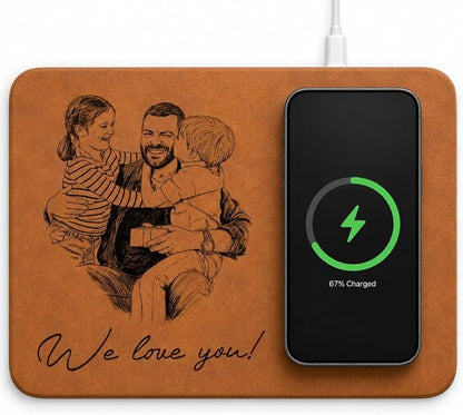 Dad Sketch Line Art Custom Photo Father's Day Birthday Gift for Dad, Husband - Personalized Charging Pad, Office Photo Charger Mat Gift for Husband, Personalized Dad Sketch Line Art Charging Pad