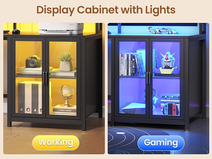 SEDETA L Shaped Gaming Desk with 4 Drawers, 109” Computer Desk with Display Cabinet, Home Office Desks with 2 Monitor Stands, CPU Stand, LED Lights and Power Outlet, Black